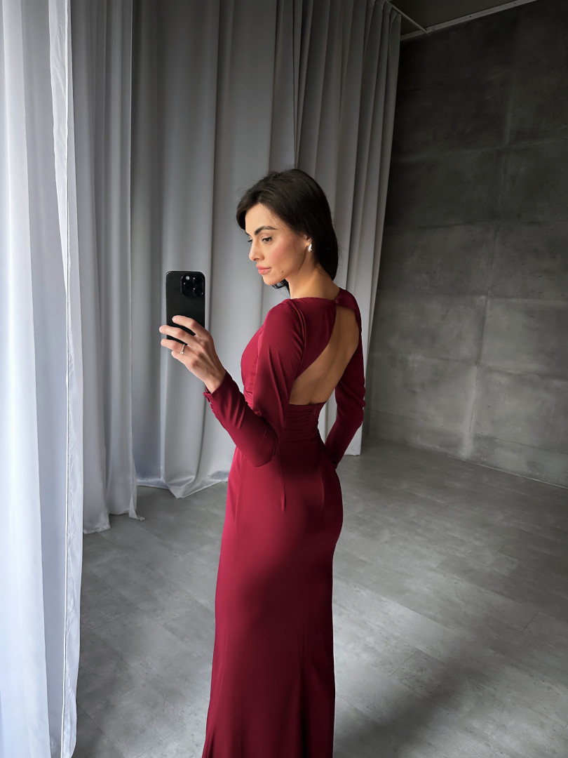 Zenaida-elegant maroon long sleeve dress with striking back neckline - Kulunove image 4