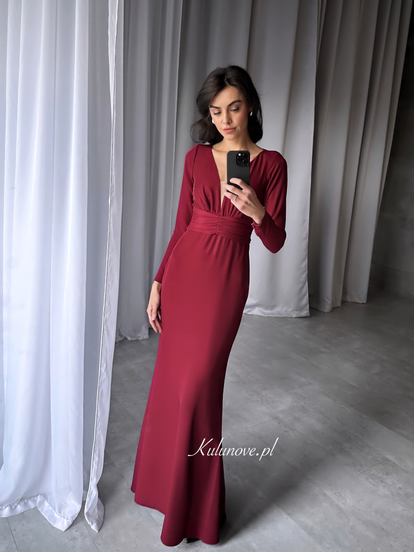 Zenaida-elegant maroon long sleeve dress with striking back neckline - Kulunove image 1